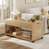 Sikaic Coffee Table Sikaic 2-in-1 Lift-Top Rattan Coffee Table with Wheels, Hidden Compartment and Large Storage Shelf Natural Color Natural / Engineered Wood / Boho