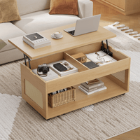 Sikaic Coffee Table Sikaic 2-in-1 Lift-Top Rattan Coffee Table with Wheels, Hidden Compartment and Large Storage Shelf Natural Color Natural / Engineered Wood / Boho