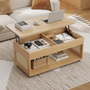 Sikaic Coffee Table Sikaic 2-in-1 Lift-Top Rattan Coffee Table with Wheels, Hidden Compartment and Large Storage Shelf Natural Color Natural / Engineered Wood / Boho