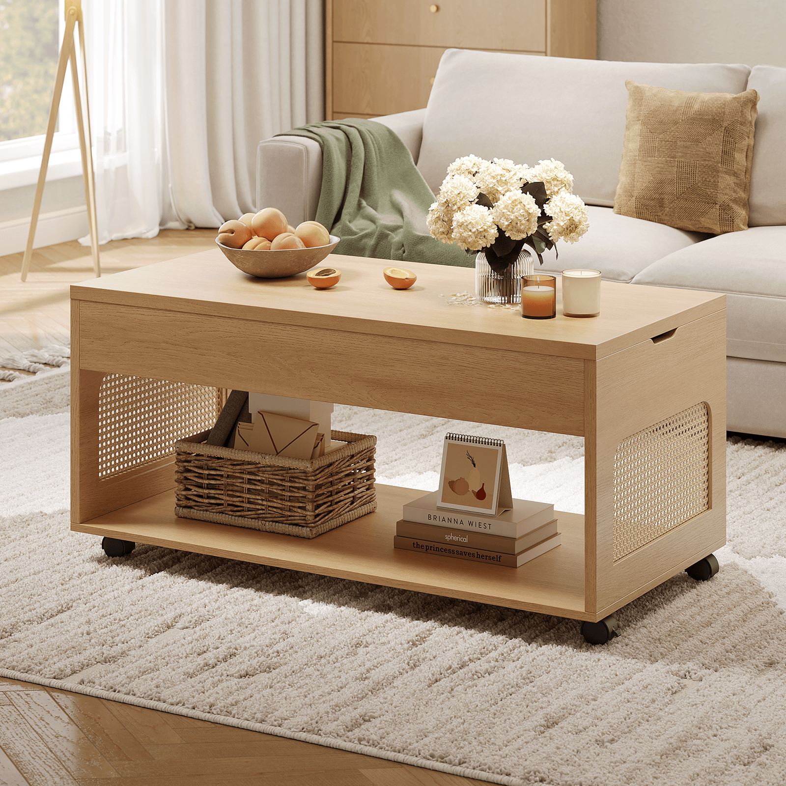 Sikaic Lift-Top Rattan Coffee Table with Wheels, Storage Shelf Natural Sikaic Lift-Top Rattan Coffee Table with Wheels, Storage Shelf Natural