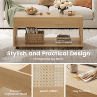 Sikaic Coffee Table Sikaic 2-in-1 Lift-Top Rattan Coffee Table with Wheels, Hidden Compartment and Large Storage Shelf Natural Color Natural / Engineered Wood / Boho