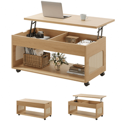 Sikaic Coffee Table Sikaic 2-in-1 Lift-Top Rattan Coffee Table with Wheels, Hidden Compartment and Large Storage Shelf Natural Color Natural / Engineered Wood / Boho