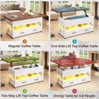 Sikaic Coffee Table 40 Inches Lift Top 4 in 1 LED Coffee Table with 2 Drawers White Brown White Brown / Engineered Wood / Modern