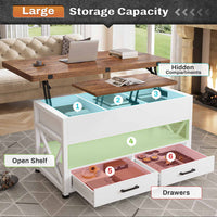 Sikaic Coffee Table 40 Inches Lift Top 4 in 1 LED Coffee Table with 2 Drawers White Brown White Brown / Engineered Wood / Modern