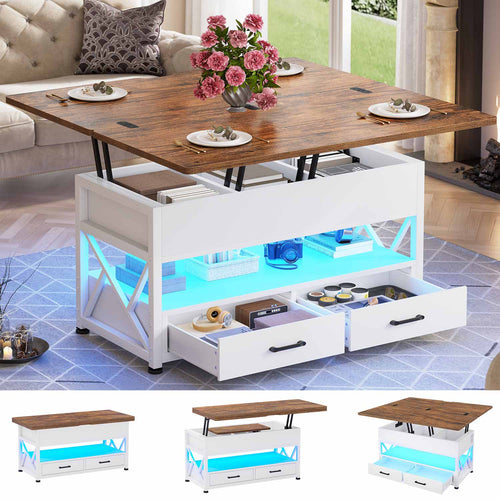 Sikaic Coffee Table 40 Inches Lift Top 4 in 1 LED Coffee Table with 2 Drawers White Brown White Brown / Engineered Wood / Modern