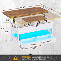 Sikaic Coffee Table 40 Inches Lift Top 4 in 1 LED Coffee Table with 2 Drawers White Brown White Brown / Engineered Wood / Modern