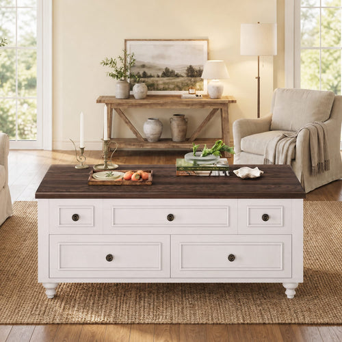 Sikaic Coffee Table 47.2" Farmhouse Lift Top Coffee Table with 4 Drawers & Storage White White / Engineered Wood / Farmhouse