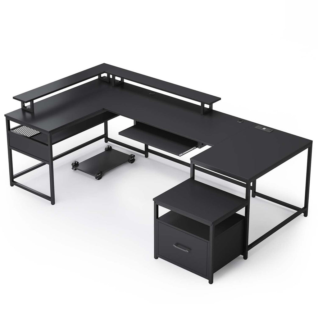 101.5" U Shaped Computer Desk with LED Lights Black