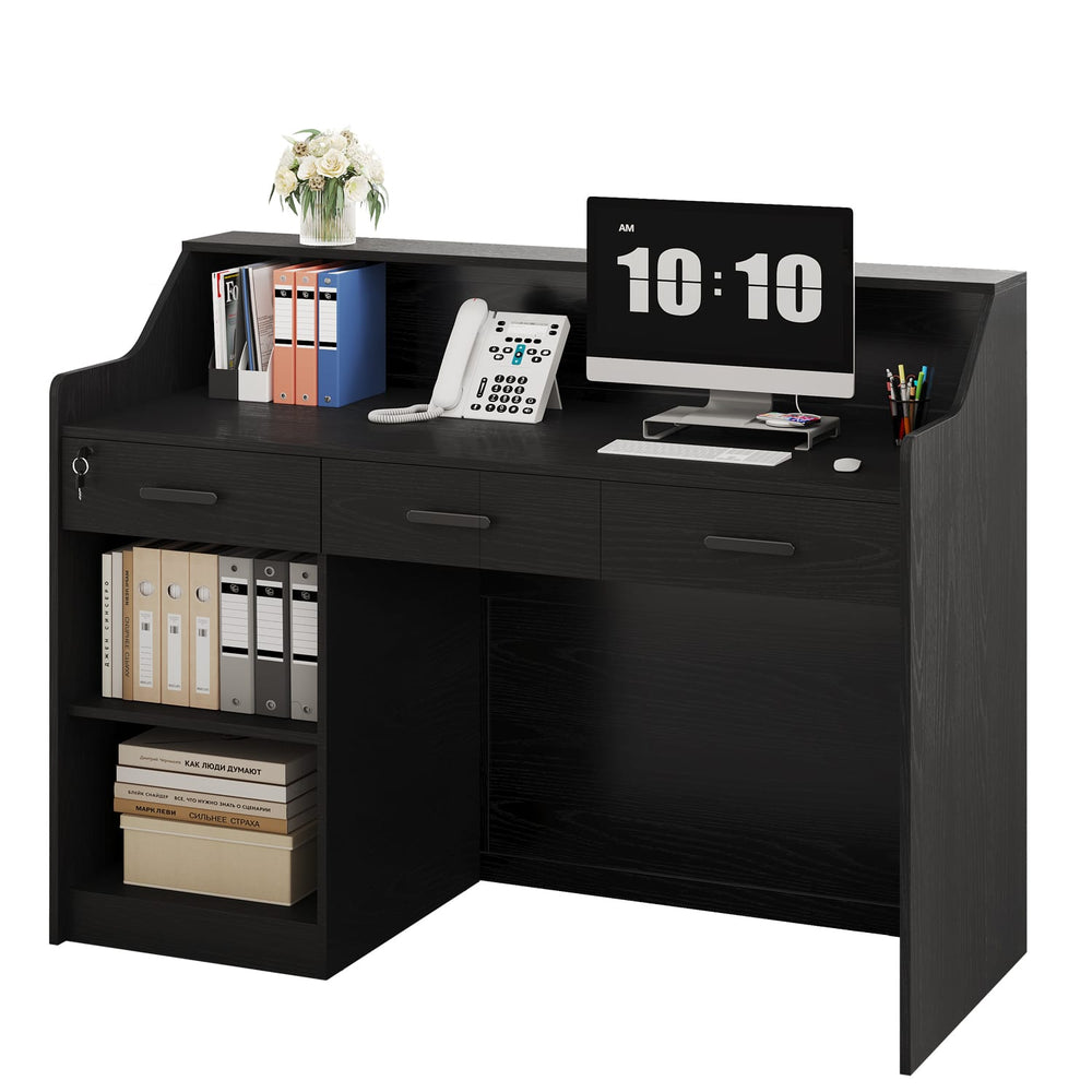 Sikaic Computer Desk 47" Modern Reception Desk with 3 Drawers & Cabinet Black Black / Engineered Wood / Modern