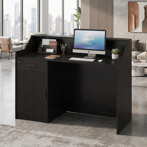 Sikaic Computer Desk 47" Modern Reception Desk with Storage Cabinet & Drawer Black Black / Engineered Wood / Modern