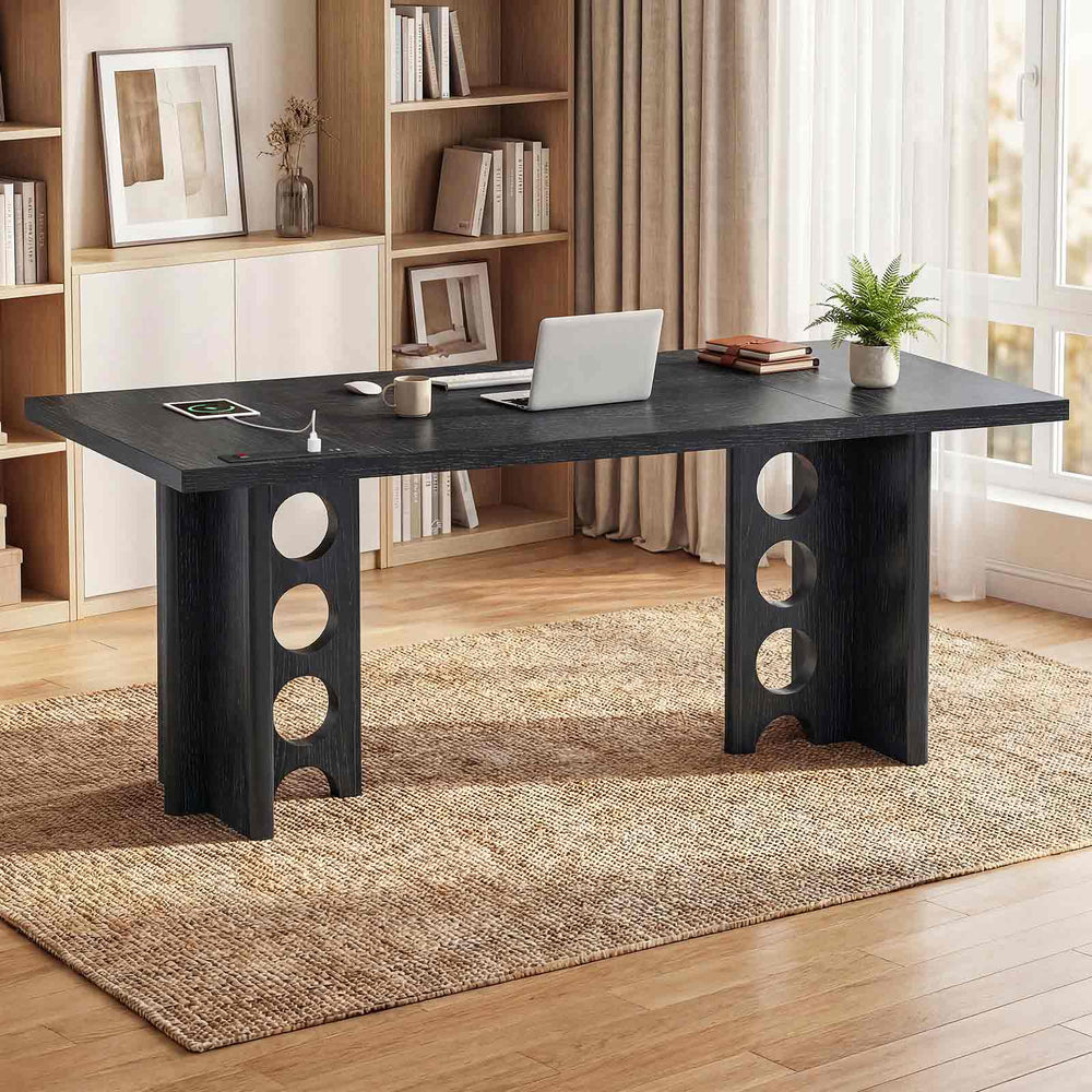 Sikaic 63 inch Dining Table for 4 People with Built-In Charging Hub (Black)
