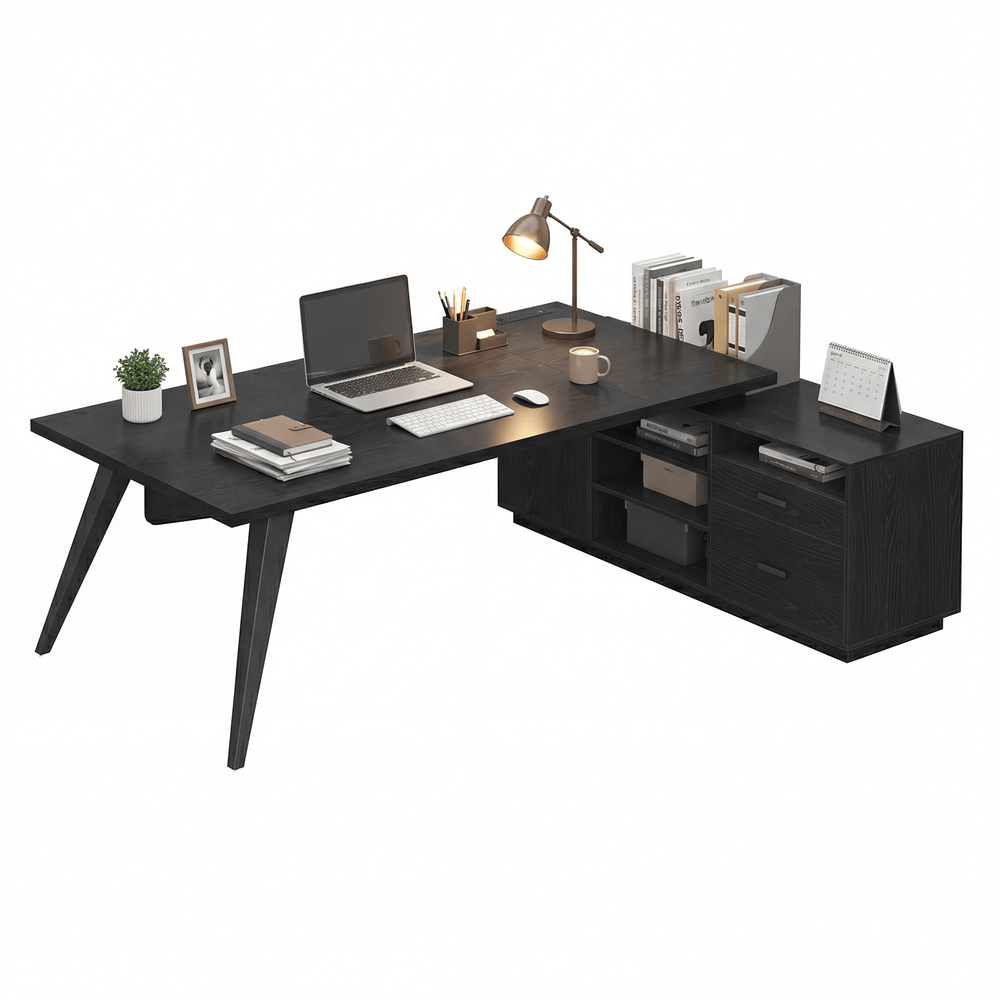Sikaic Computer Desk 70.3 inch L-Shaped Executive Desk with Power Outlets & Storage Black Black / Engineered Wood / Modern
