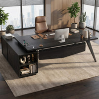 Sikaic Computer Desk 70.3 inch L-Shaped Executive Desk with Power Outlets & Storage Black Black / Engineered Wood / Modern