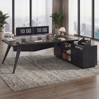 Sikaic Computer Desk 70.3 inch L-Shaped Executive Desk with Power Outlets & Storage Black Black / Engineered Wood / Modern