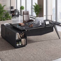 Sikaic Computer Desk 70.3 inch L-Shaped Executive Desk with Power Outlets & Storage Black Black / Engineered Wood / Modern