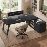 Sikaic Computer Desk 70.3 inch L-Shaped Executive Desk with Power Outlets & Storage Black Black / Engineered Wood / Modern