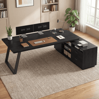 Sikaic Computer Desk 70.3 inch L-Shaped Executive Desk with Power Outlets & Storage Black Black / Engineered Wood / Modern