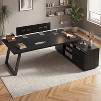 Sikaic Computer Desk 70.3 inch L-Shaped Executive Desk with Power Outlets & Storage Black Black / Engineered Wood / Modern