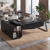 Sikaic Computer Desk 70.3 inch L-Shaped Executive Desk with Power Outlets & Storage Black Black / Engineered Wood / Modern