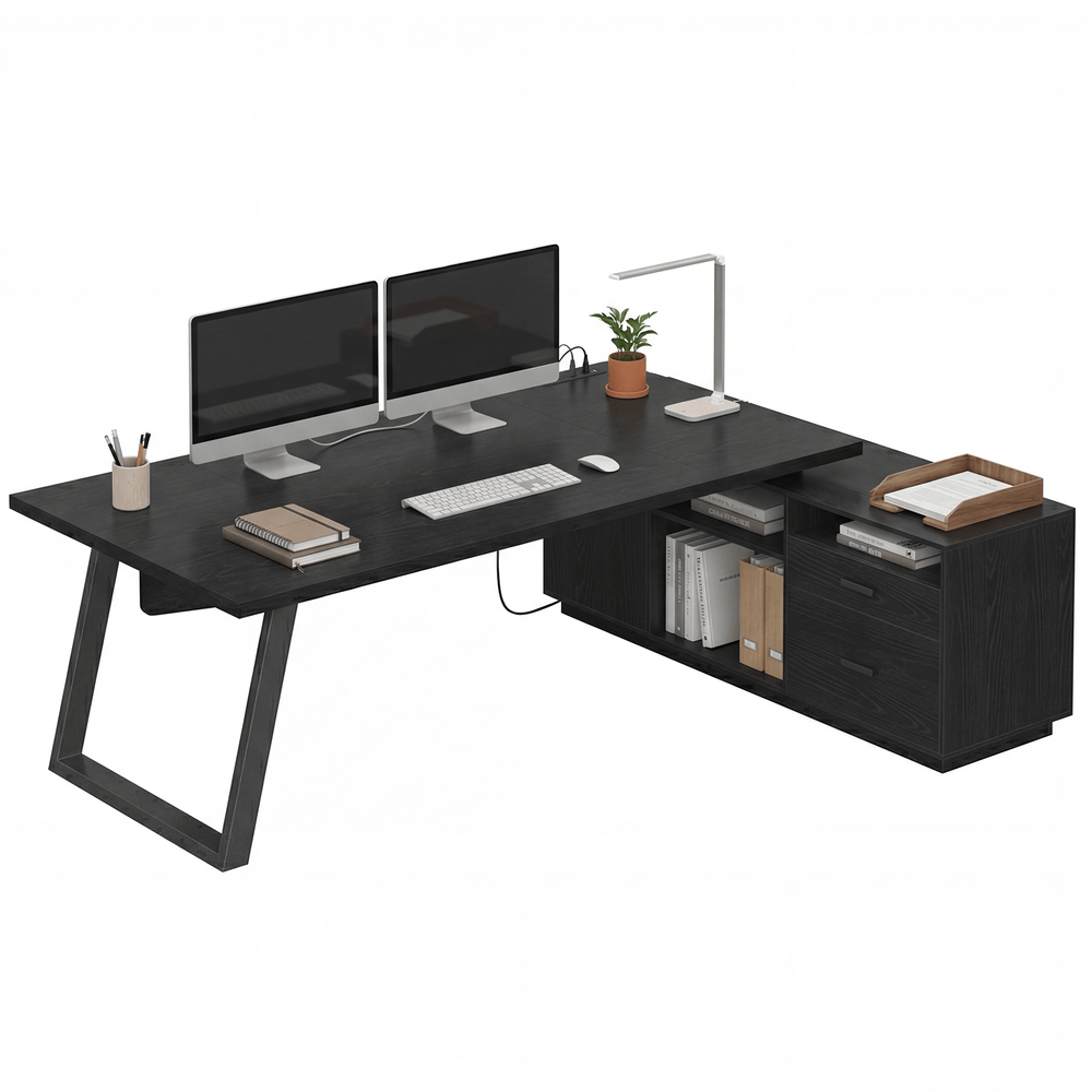 Sikaic Computer Desk 70.3 inch L-Shaped Executive Desk with Power Outlets & Storage Black Black / Engineered Wood / Modern