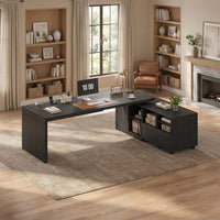 Sikaic Computer Desk 70.9 Inch L-Shaped Executive Desk with Power Outlets & Movable File Cabinet Black Black / Engineered Wood / Modern