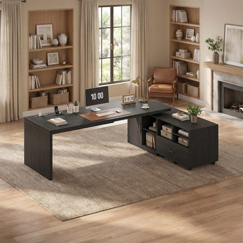 Sikaic Computer Desk 70.9 Inch L-Shaped Executive Desk with Power Outlets & Movable File Cabinet Black Black / Engineered Wood / Modern