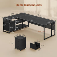 Sikaic Computer Desk 71 in Reversible L Shaped Executive Desk with Mobile File Cabinet and Power Outlets Black Black / Engineered Wood / Modern
