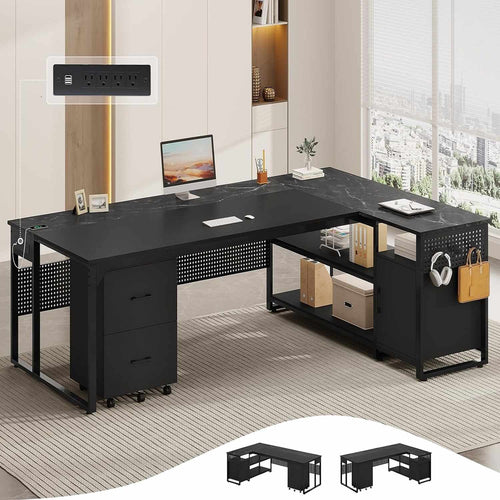 Sikaic Computer Desk 71 in Reversible L Shaped Executive Desk with Mobile File Cabinet and Power Outlets Black Black / Engineered Wood / Modern