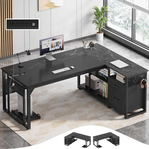 Sikaic Computer Desk 71 in Reversible L Shaped Executive Desk with Power Outlets Black Black / Engineered Wood / Modern