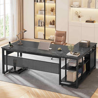 Sikaic Computer Desk 71 in Reversible L Shaped Executive Desk with Power Outlets Black Black / Engineered Wood / Modern