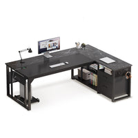 Sikaic Computer Desk 71 in Reversible L Shaped Executive Desk with Power Outlets Black Black / Engineered Wood / Modern