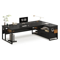 Sikaic Computer Desk 71 in Reversible L Shaped Executive Desk with Widen File Drawers and Power Outlets Black Black / Engineered Wood / Modern