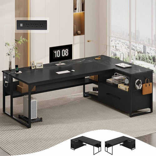 Sikaic Computer Desk 71 in Reversible L Shaped Executive Desk with Widen File Drawers and Power Outlets Black Black / Engineered Wood / Modern