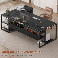 Sikaic Computer Desk 71 in Reversible L Shaped Executive Desk with Widen File Drawers and Power Outlets Black Black / Engineered Wood / Modern