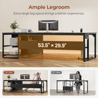 Sikaic Computer Desk 71 in Reversible L Shaped Executive Desk with Widen File Drawers and Power Outlets Black Black / Engineered Wood / Modern