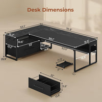 Sikaic Computer Desk 71 in Reversible L Shaped Executive Desk with Widen File Drawers and Power Outlets Black Black / Engineered Wood / Modern