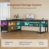 Sikaic Computer Desk 71 in Reversible L Shaped Executive Desk with Widen File Drawers and Power Outlets Black Black / Engineered Wood / Modern