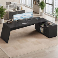 Sikaic Computer Desk 78 inch L Shaped Executive Desk with Power Outlets Black Black / Engineered Wood / Modern