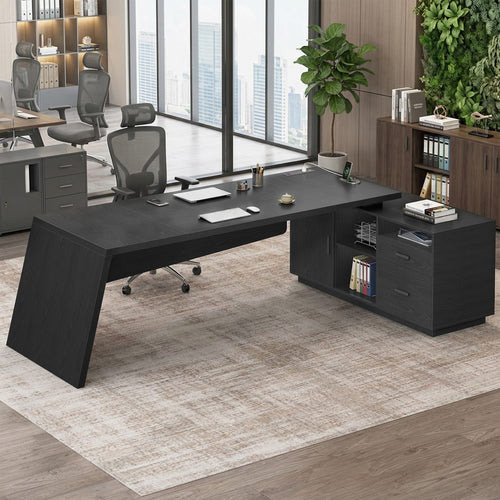 Sikaic Computer Desk 78 inch L Shaped Executive Desk with Power Outlets Black Black / Engineered Wood / Modern