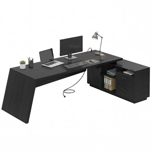 Sikaic Computer Desk 78 inch L Shaped Executive Desk with Power Outlets Black Black / Engineered Wood / Modern