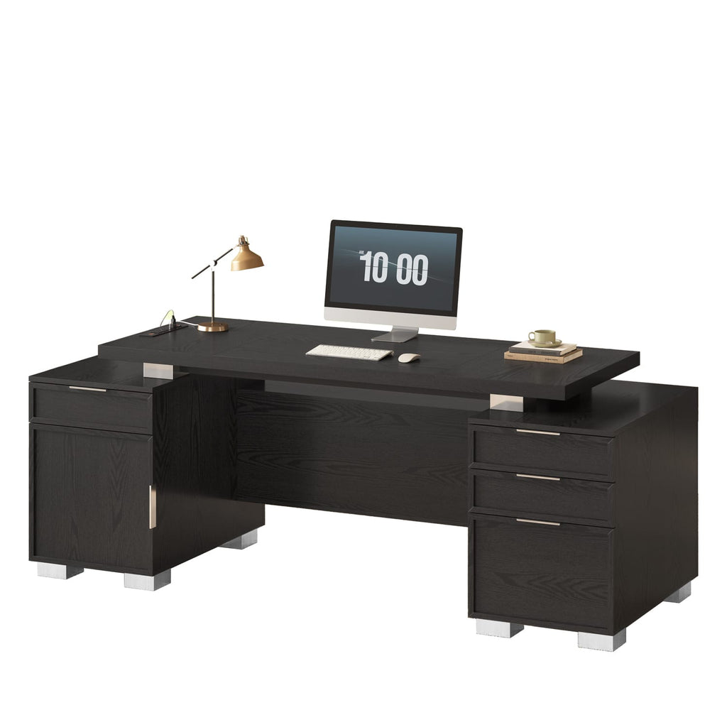80.6" Modern Executive Desk with Power Outlet & 3 Large Cabinets Black