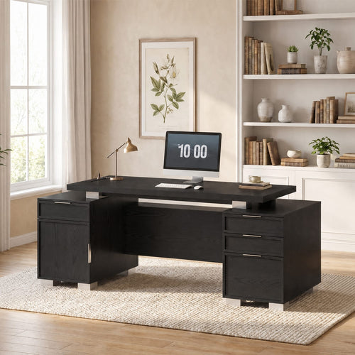 Sikaic Computer Desk 80.6" Modern Executive Desk with Power Outlet & 3 Large Cabinets Black Black / Engineered Wood / Modern