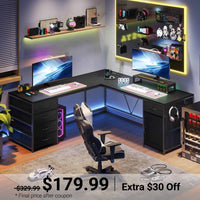 Sikaic Computer Desk 63 Inches L Shaped Corner 2 Person Computer Desk with 5 Drawer Power Outlet Monitor Shelf Storage Cabinet Black Black / Modern / Engineered Wood