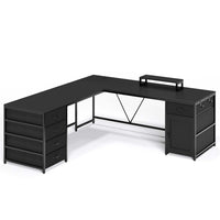 Sikaic Computer Desk 63 Inches L Shaped Desk with 5 Drawers Black Black / Modern / Engineered Wood