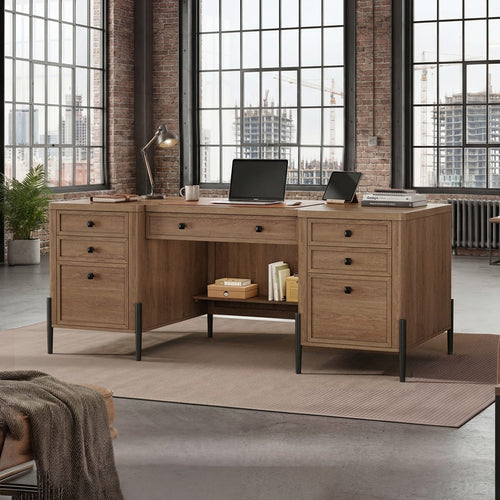 Sikaic Computer Desk 63 inch Executive Desk with 5 Drawers and Privacy Panel Brown Brown / Engineered Wood / Farmhouse