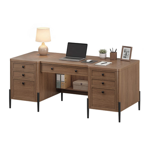 Sikaic Computer Desk 63 inch Executive Desk with 5 Drawers and Privacy Panel Brown Brown / Engineered Wood / Farmhouse