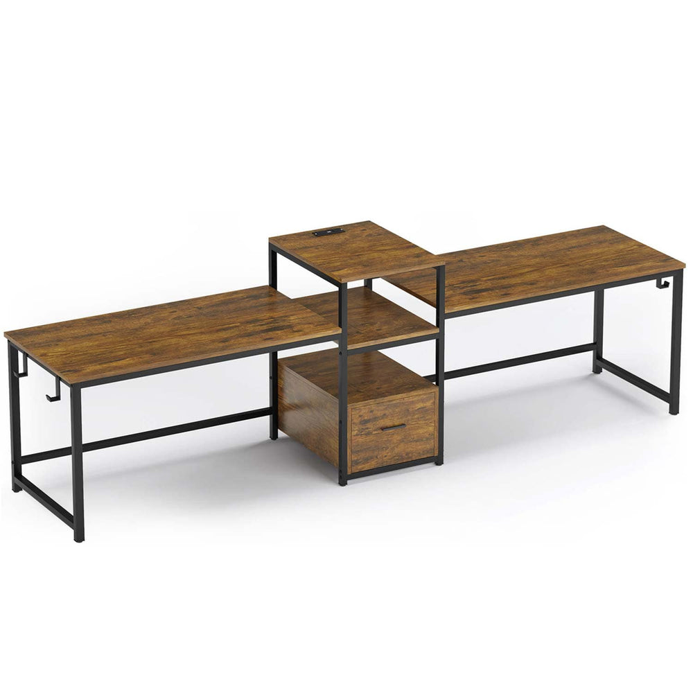 Sikaic Computer Desk 98 Inches 2 Person Computer Desk with Storage Rustic Brown Brown / Engineered Wood / Industrial
