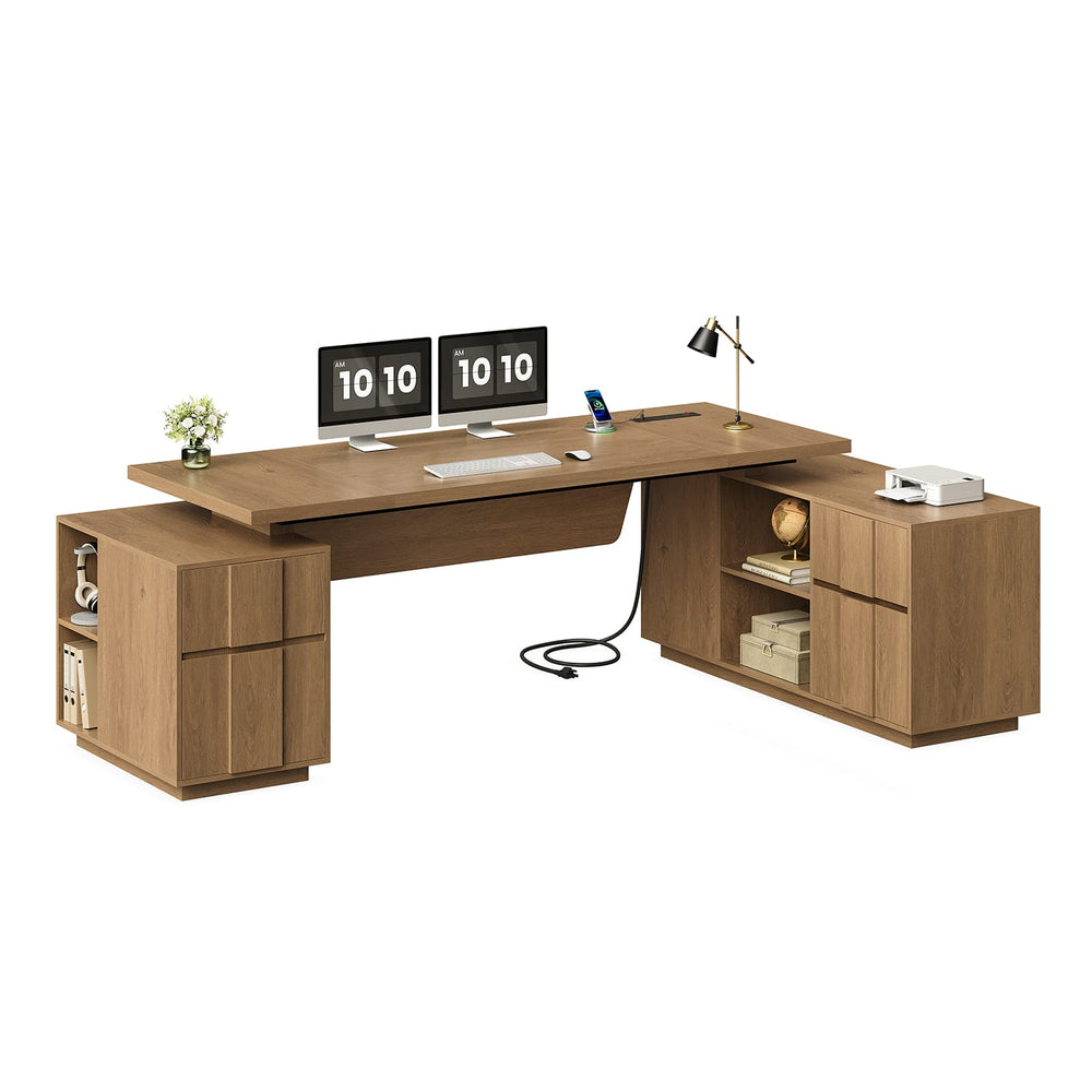 Sikaic Computer Desk 85.8" Large Executive Desk with Power Outlet Brown Brown / Engineered Wood & Metal / Modern