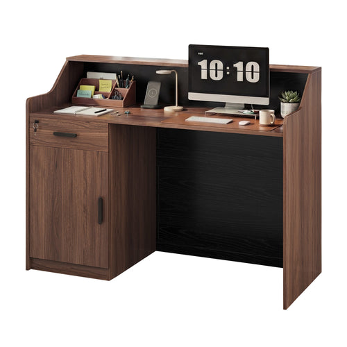 Sikaic Computer Desk 47 inch Reception Desk with Lockable Drawer Brown-Black Brown / Engineered Wood / Mid-Century Modern