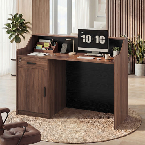 Sikaic Computer Desk 47 inch Reception Desk with Lockable Drawer Brown-Black Brown / Engineered Wood / Mid-Century Modern
